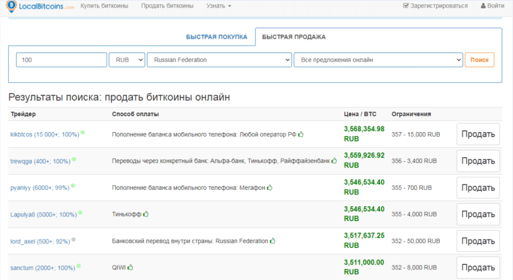 Продажа биткойнов на сайте